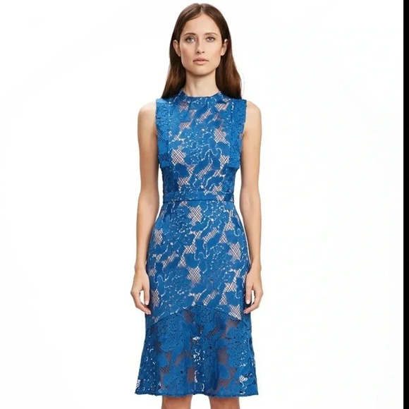 Cooper St Dresses & Skirts - Cooper St Blue Lace Midi Column Dress High Neck Size 2 Wedding Guest Party